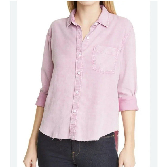Rails Ingrid Raw Hem Button Down Shirt Pink Blush Acid Wash XS Long Sleeve Rayon - Picture 1 of 8